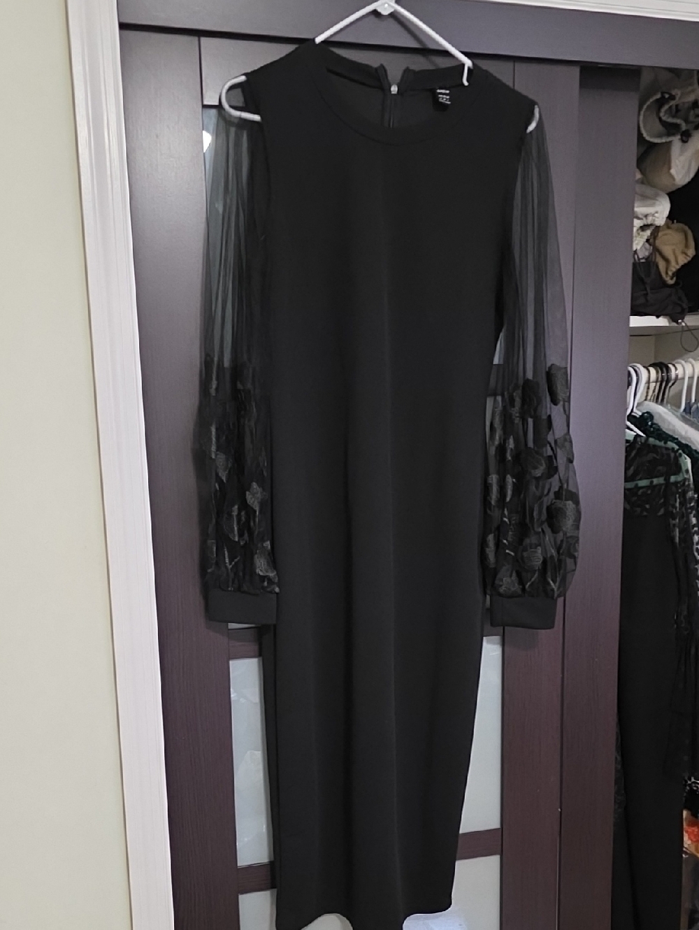 SHEIN Black Long-Sleeve Midi Dress with Sheer Floral Sleeves